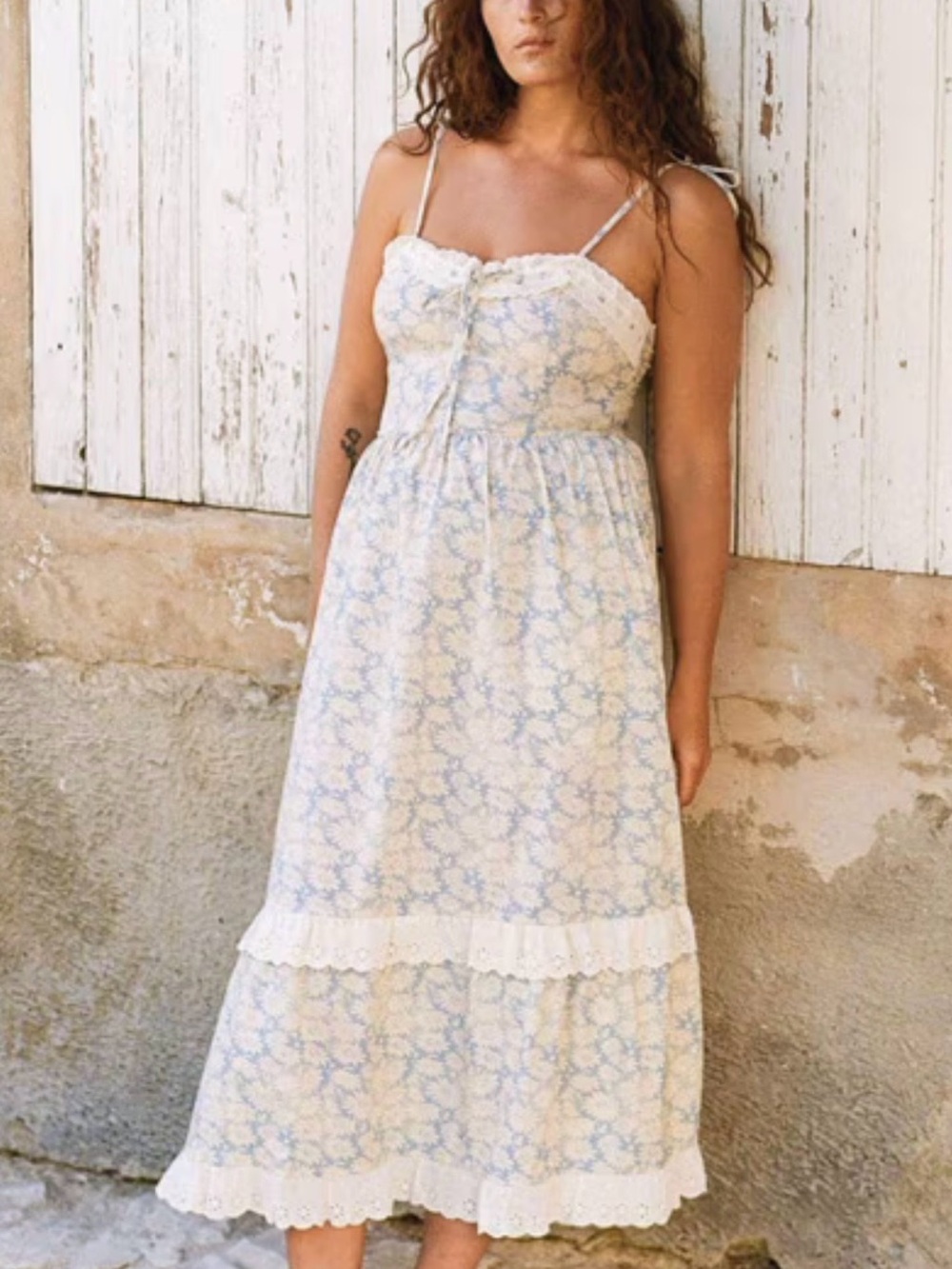 Christy Dawn Blue and Cream Floral Lace-Trim Midi Dress